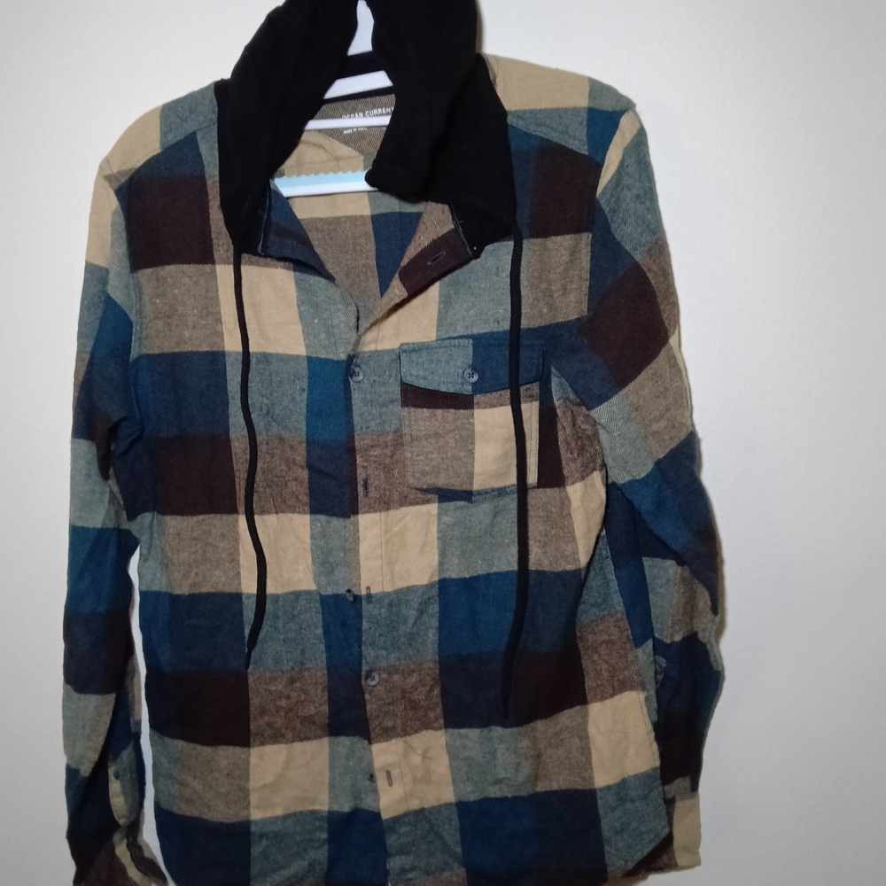 Ocean Current Plaid Hooded Shirt - Blue, Brown, Cream